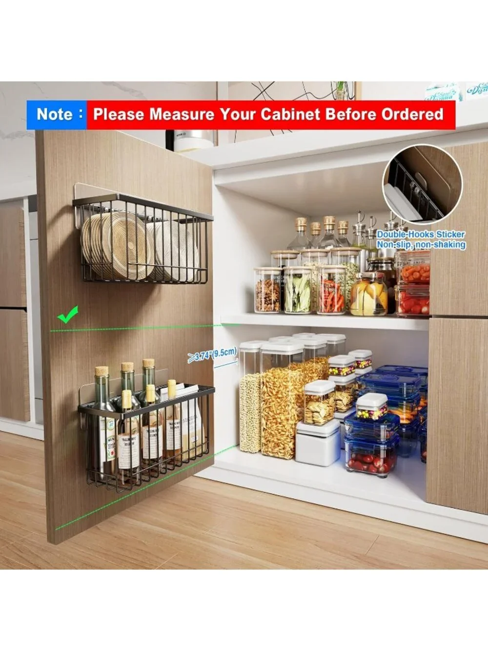New Black 4 Pack Adhesive Cabinet Door Lid Organizer Wall Mount Basket Set